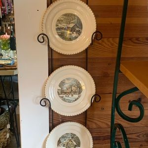 Currier and Ives small saucers and plate rack.